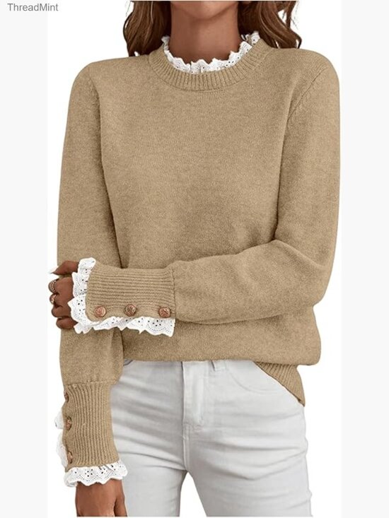 Sweaters - Mock Neck Peplum Lace Sweater Pullover Cozy Knit Tops
